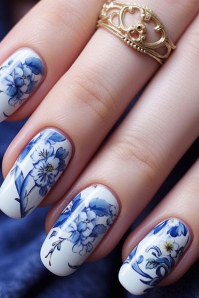  55 عکس طرح ناخن آبی و سفید