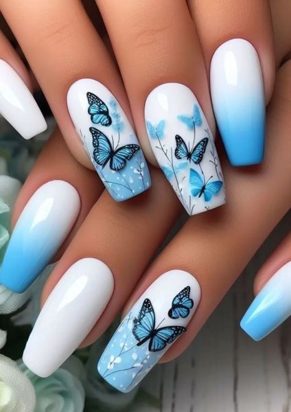  55 عکس طرح ناخن آبی و سفید