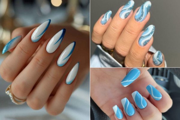  55 عکس طرح ناخن آبی و سفید