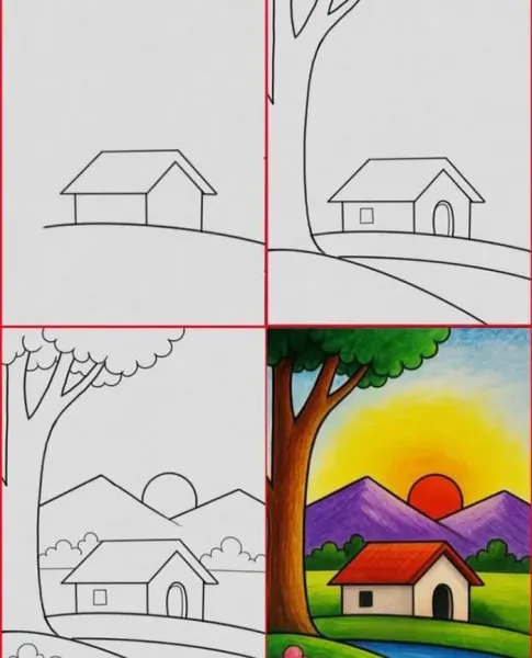  نقاشی منظره با مداد رنگی آسان