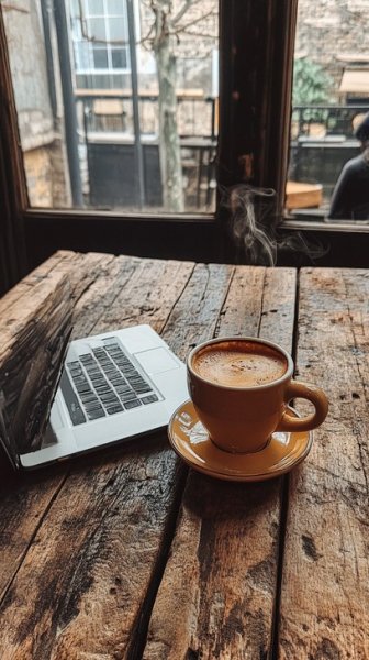 عکس لپ تاپ کنار فنجان قهوه