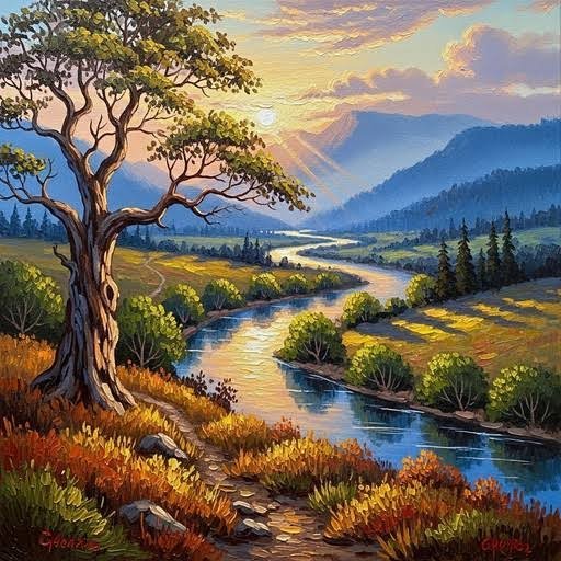  نقاشی رودخانه و جنگل